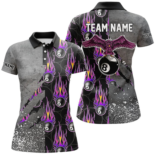 Custom Ball 8 Flame Grey Grunge Billiard Polo Shirts For Women, Best Billiard Team Shirts  TDM0731