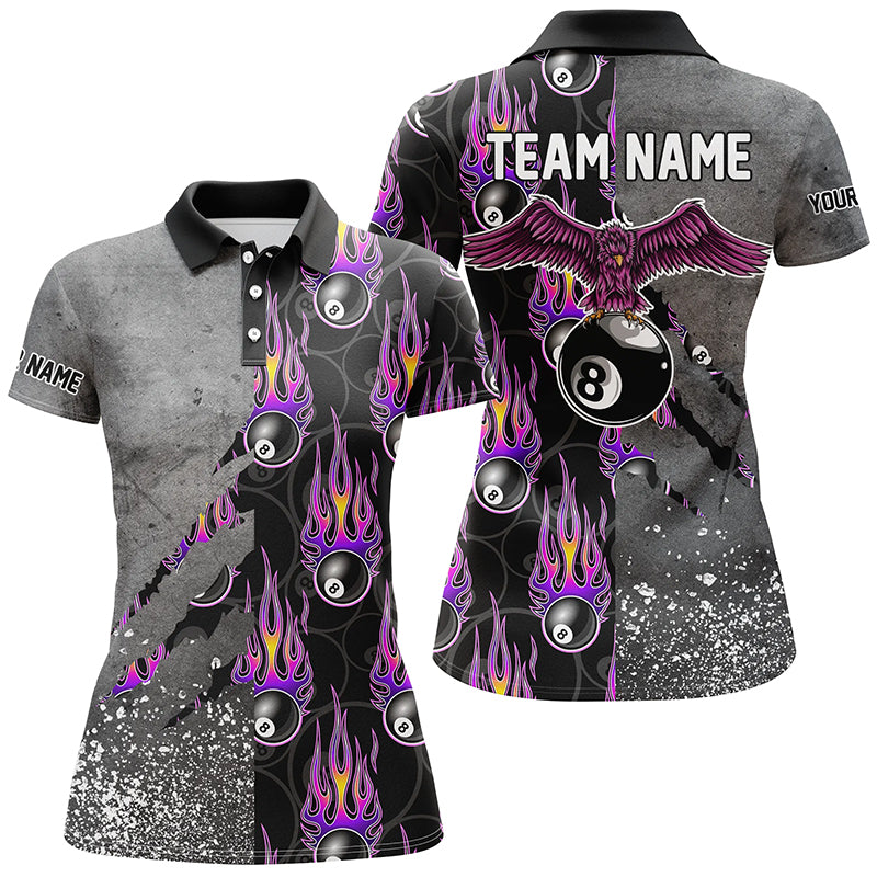 Custom Ball 8 Flame Grey Grunge Billiard Polo Shirts For Women, Best Billiard Team Shirts  TDM0731