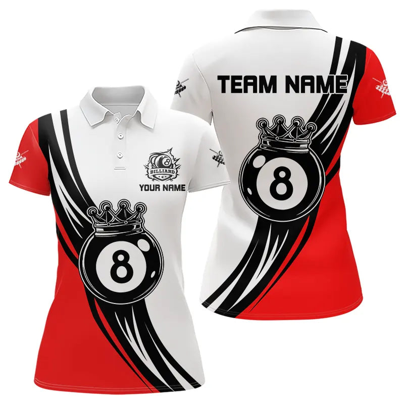 Personalized Black White 8 Ball Pool Crown Women Billiard Shirts, Billiard 8 Ball Team Jerseys |Red TDM3421