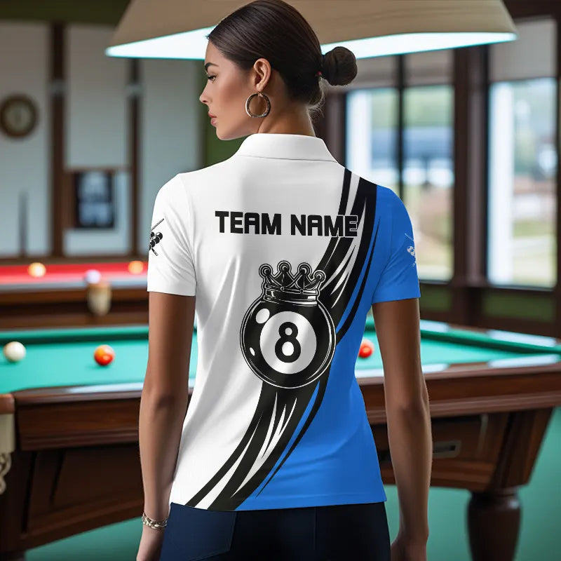 Personalized Black White 8 Ball Pool Crown Women Billiard Shirts, Billiard 8 Ball Team Jerseys |Blue TDM3422