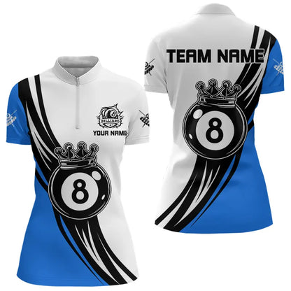 Personalized Black White 8 Ball Pool Crown Women Billiard Shirts, Billiard 8 Ball Team Jerseys |Blue TDM3422