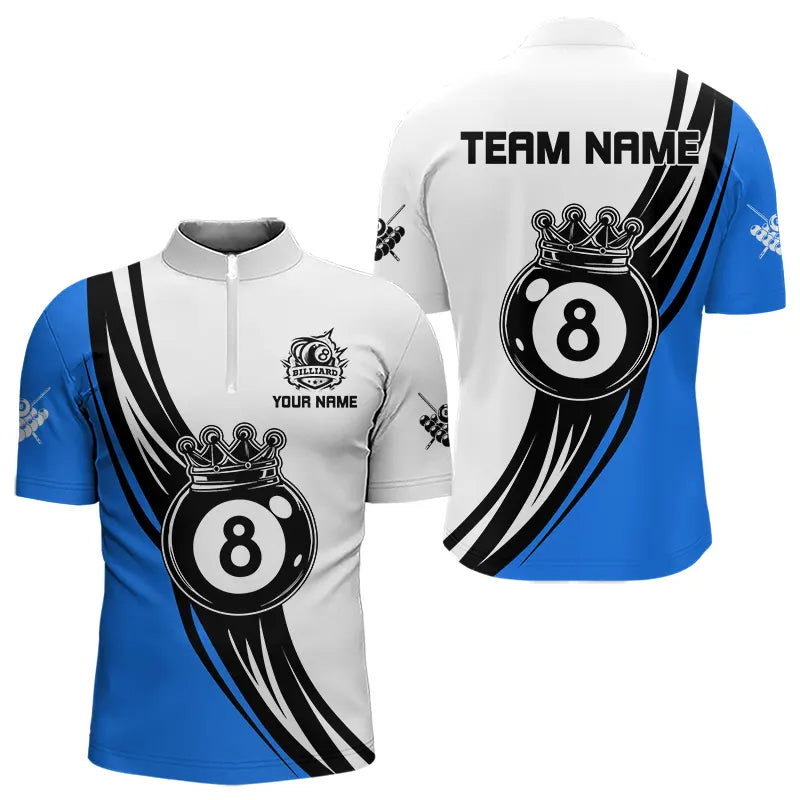 Personalized Black White 8 Ball Pool Crown Men Billiard Shirts, Billiard 8 Ball Team Jerseys |Blue TDM3422