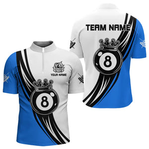 Personalized Black White 8 Ball Pool Crown Men Billiard Shirts, Billiard 8 Ball Team Jerseys |Blue TDM3422