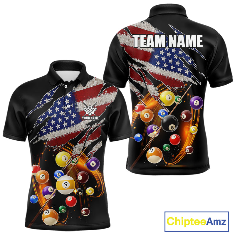 American Flag Pool Balls Billiard Shirt For Men Custom Patriotic Billiard Jersey Polo & 1/4 Zip TDM5730