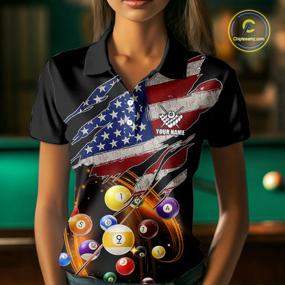 American Flag Pool Balls Billiard Shirt For Women Custom Patriotic Billiard Jersey Polo & 1/4 Zip TDM5730