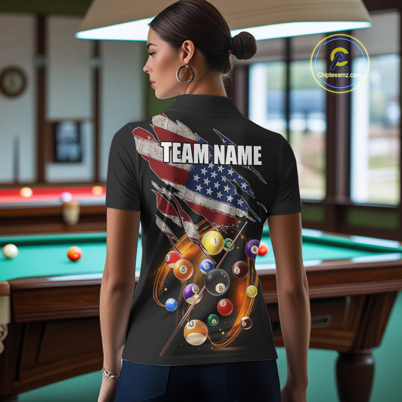 American Flag Pool Balls Billiard Shirt For Women Custom Patriotic Billiard Jersey Polo & 1/4 Zip TDM5730
