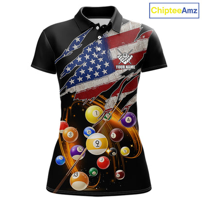 American Flag Pool Balls Billiard Shirt For Women Custom Patriotic Billiard Jersey Polo & 1/4 Zip TDM5730