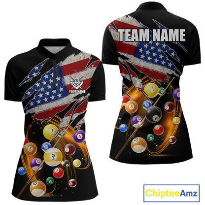 American Flag Pool Balls Billiard Shirt For Women Custom Patriotic Billiard Jersey Polo & 1/4 Zip TDM5730