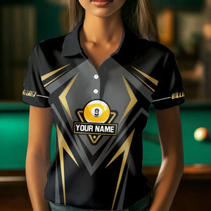 Customized 9 Ball Pool Crown Women Billiard Shirts, Gold And Black Billiard Team Shirts, Pool Jerseys TDM3565