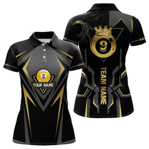 Customized 9 Ball Pool Crown Women Billiard Shirts, Gold And Black Billiard Team Shirts, Pool Jerseys TDM3565