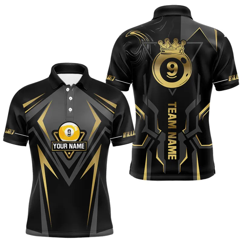 Customized 9 Ball Pool Crown Men Billiard Shirts, Gold And Black Billiard Team Shirts, Pool Jerseys TDM3565