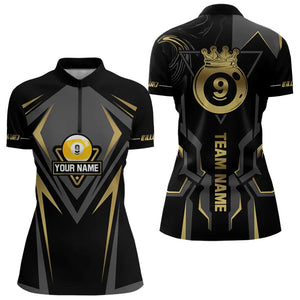 Customized 9 Ball Pool Crown Women Billiard Shirts, Gold And Black Billiard Team Shirts, Pool Jerseys TDM3565