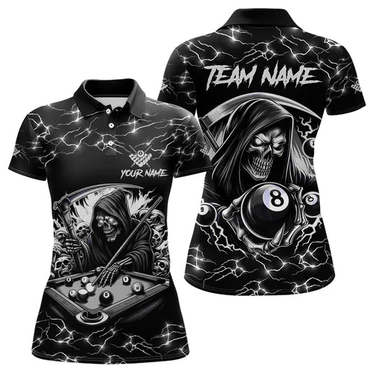 Black White Funny Grim Reaper 8 Ball Pool Women Billiard Shirts Custom Lightning Billiard Jerseys TDM3726