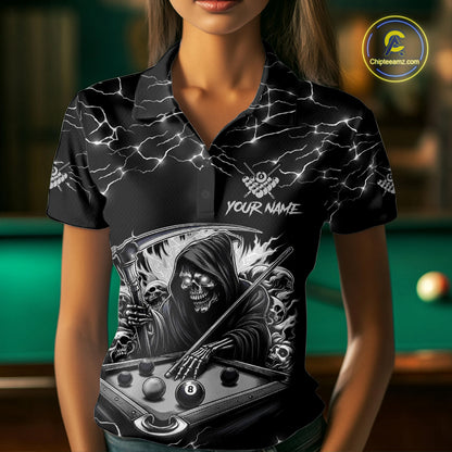 Black White Funny Grim Reaper 8 Ball Pool Women Billiard Shirts Custom Lightning Billiard Jerseys TDM3726