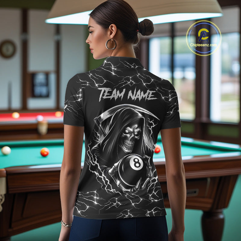 Black White Funny Grim Reaper 8 Ball Pool Women Billiard Shirts Custom Lightning Billiard Jerseys TDM3726