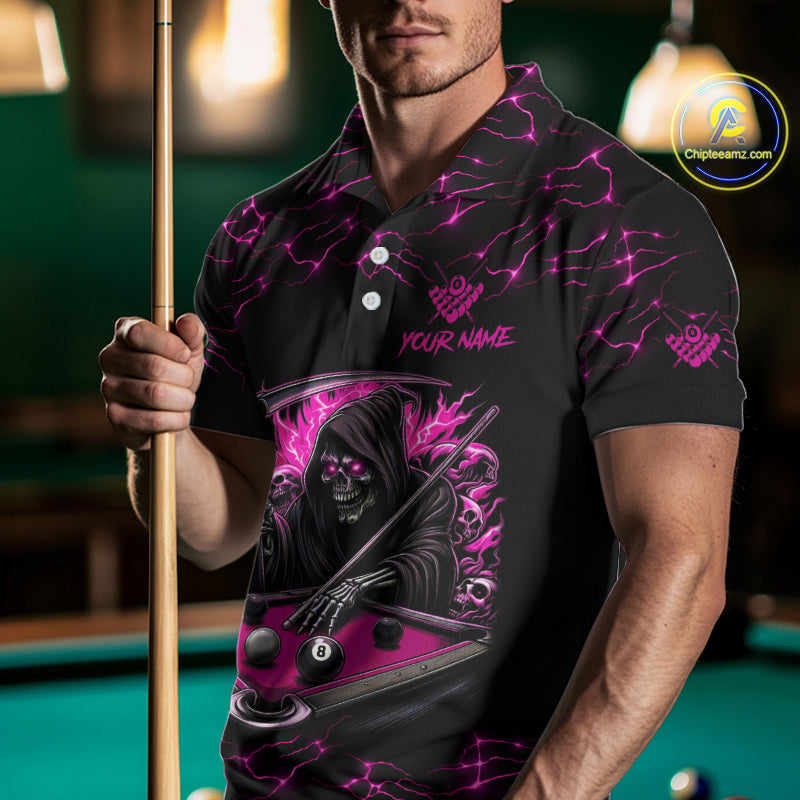 Pink Funny Grim Reaper 8 Ball Pool Men Billiard Shirts Custom Lightning Billiard Jerseys TDM3727