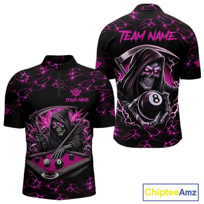 Pink Funny Grim Reaper 8 Ball Pool Men Billiard Shirts Custom Lightning Billiard Jerseys TDM3727