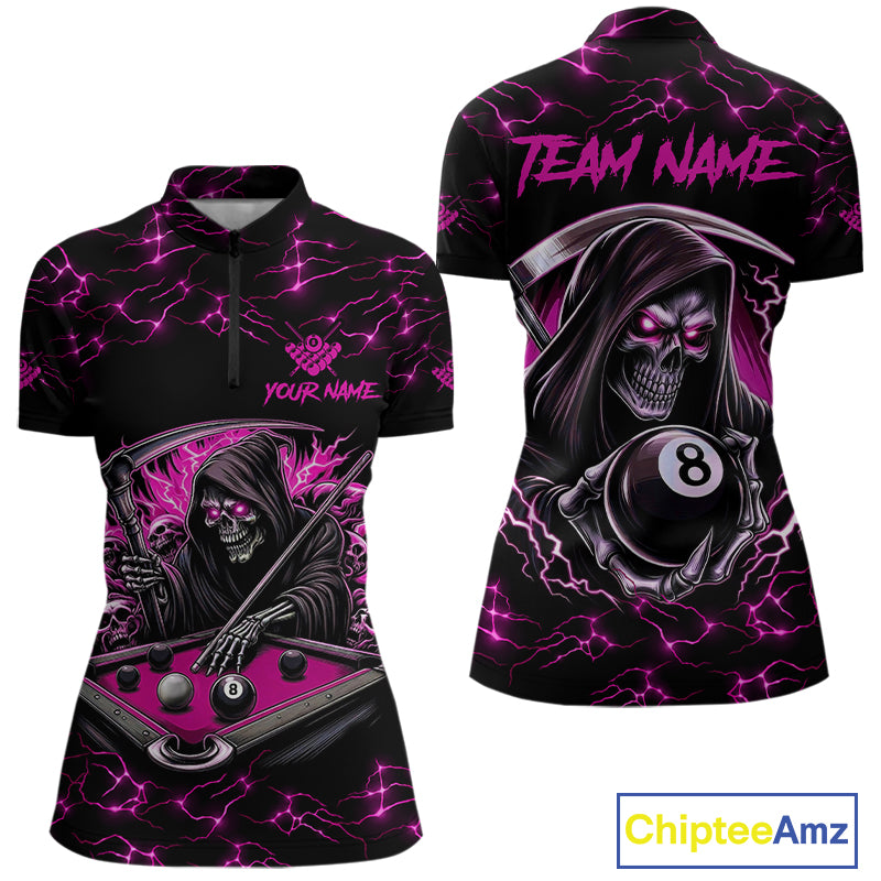 Pink Funny Grim Reaper 8 Ball Pool Women Billiard Shirts Custom Lightning Billiard Jerseys TDM3727