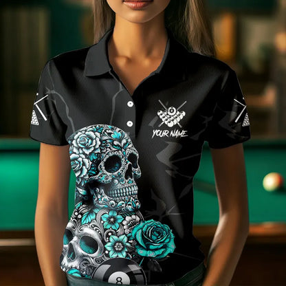 Personalized Funny Turquoise Skull Roses 8 Ball Billiard Shirts For Women Custom Pool Team Shirts TDM3728