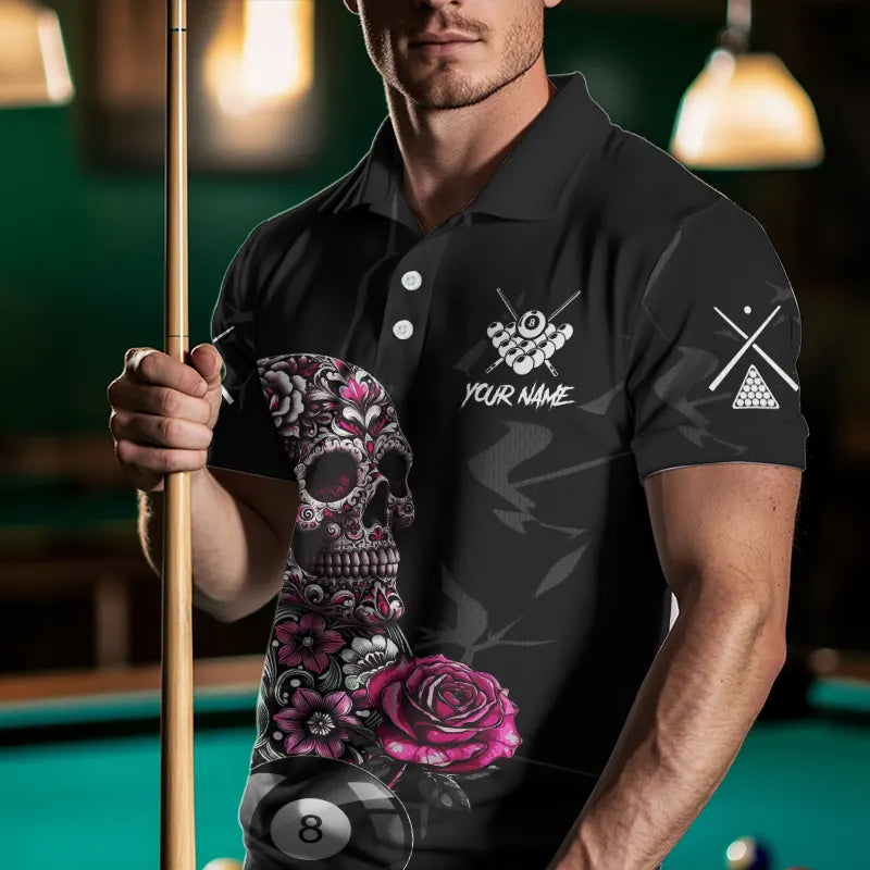 Personalized Pink Funny Skull Roses 8 Ball Billiard Shirts For Men Custom Pool Team Shirts TDM3729
