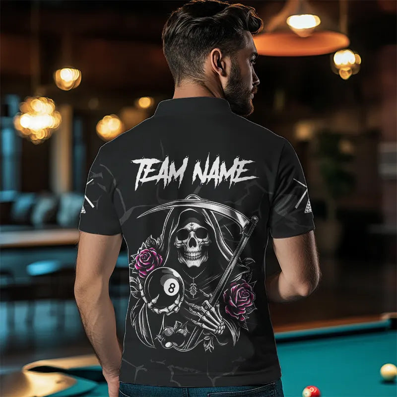 Personalized Pink Funny Skull Roses 8 Ball Billiard Shirts For Men Custom Pool Team Shirts TDM3729