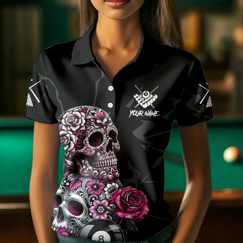 Personalized Pink Funny Skull Roses 8 Ball Billiard Shirts For Women Custom Pool Team Shirts TDM3729