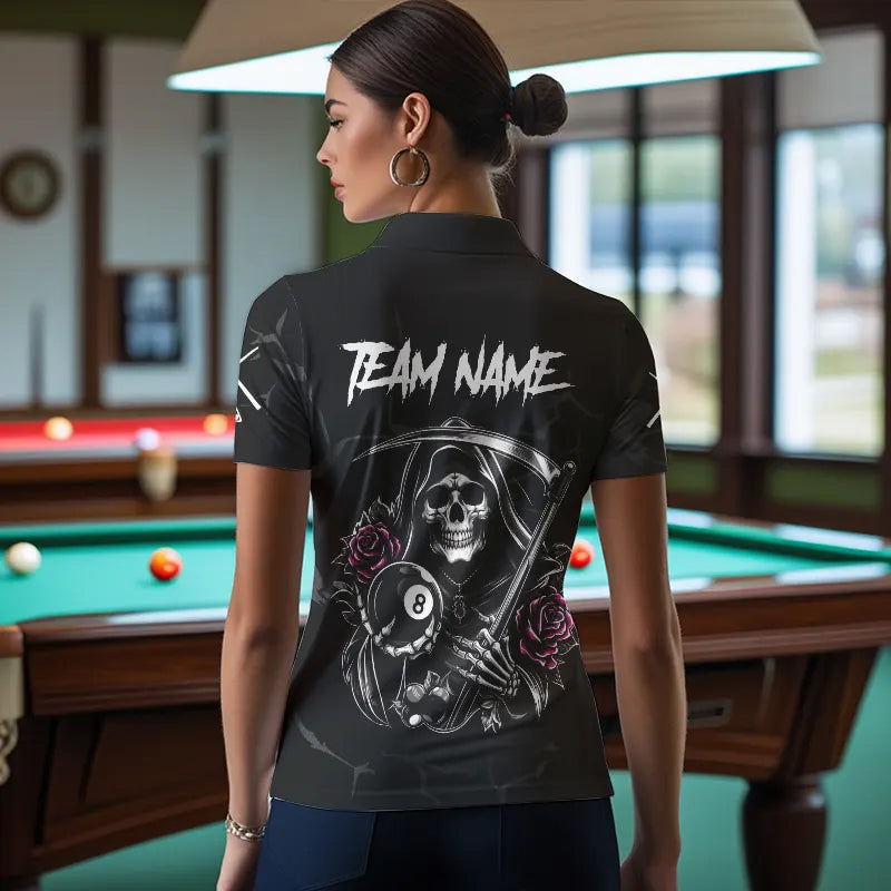 Personalized Pink Funny Skull Roses 8 Ball Billiard Shirts For Women Custom Pool Team Shirts TDM3729