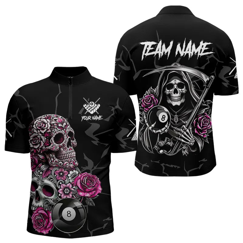 Personalized Pink Funny Skull Roses 8 Ball Billiard Shirts For Men Custom Pool Team Shirts TDM3729