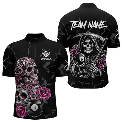 Personalized Pink Funny Skull Roses 8 Ball Billiard Shirts For Men Custom Pool Team Shirts TDM3729