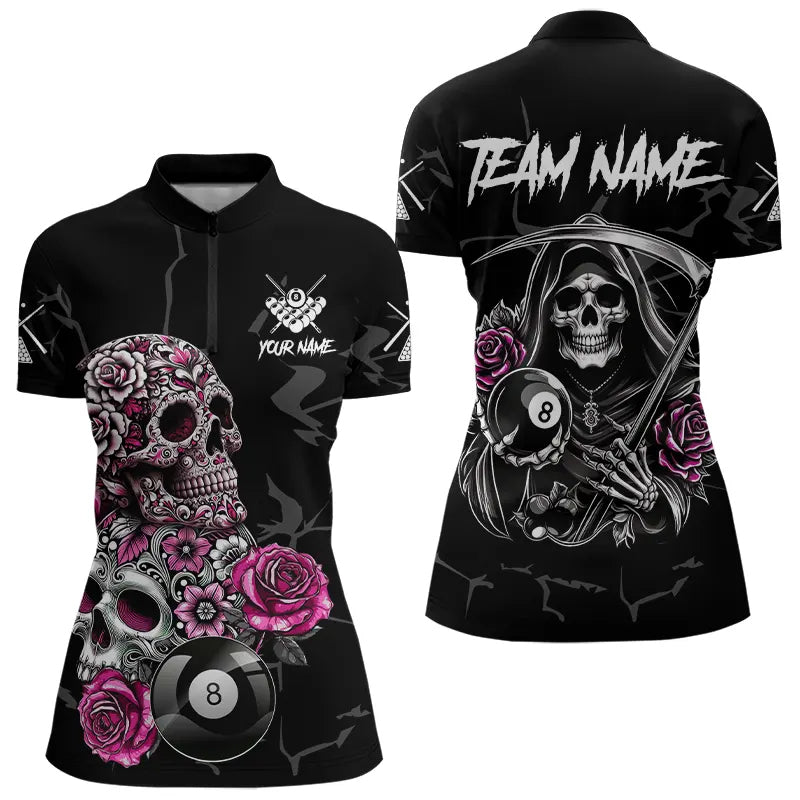 Personalized Pink Funny Skull Roses 8 Ball Billiard Shirts For Women Custom Pool Team Shirts TDM3729
