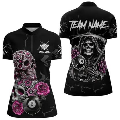 Personalized Pink Funny Skull Roses 8 Ball Billiard Shirts For Women Custom Pool Team Shirts TDM3729