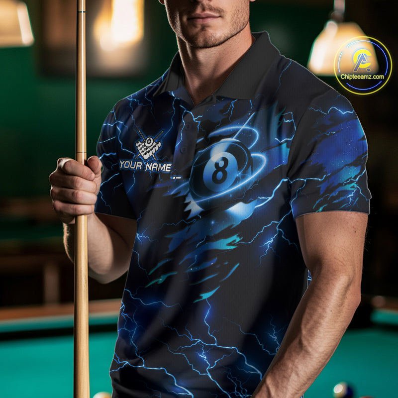 Blue 8 Ball Pool Lighting Billiard Shirt For Men Custom Glowing Billiard Team Jersey Polo, 1/4 Zip TDM6332