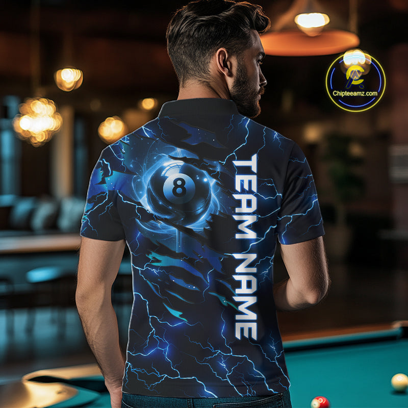 Blue 8 Ball Pool Lighting Billiard Shirt For Men Custom Glowing Billiard Team Jersey Polo, 1/4 Zip TDM6332
