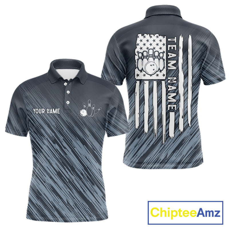 Custom Grey Grunge American Flag Bowling Shirt For Men, Patriotic Bowling Jersey Polo & 1/4 Zip TDM6516