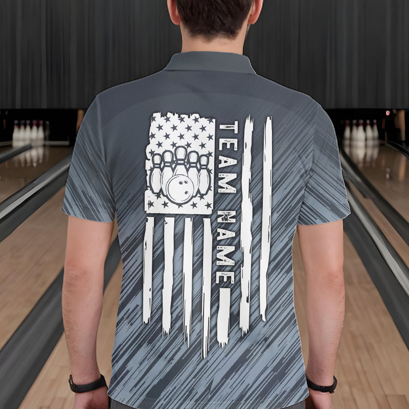 Custom Grey Grunge American Flag Bowling Shirt For Men, Patriotic Bowling Jersey Polo & 1/4 Zip TDM6516