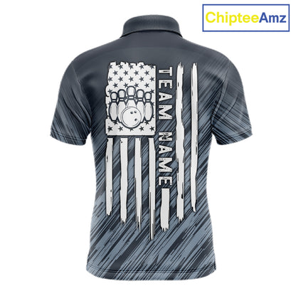 Custom Grey Grunge American Flag Bowling Shirt For Men, Patriotic Bowling Jersey Polo & 1/4 Zip TDM6516