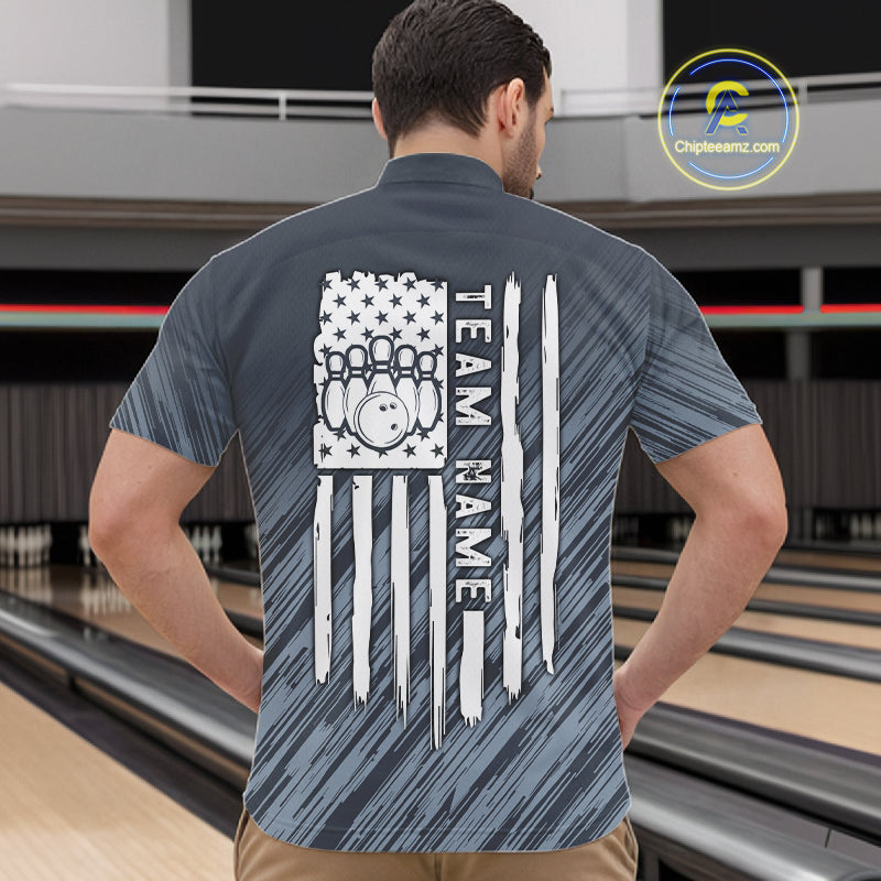 Custom Grey Grunge American Flag Bowling Shirt For Men, Patriotic Bowling Jersey Polo & 1/4 Zip TDM6516