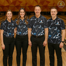 Load image into Gallery viewer, Bowling team wearing matching blue bull lightning bowling jerseys during league matches front view.