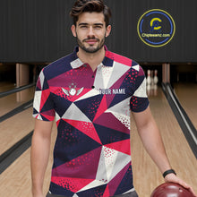 Load image into Gallery viewer, Man wearing a geometric bowling tournament polo shirt at a bowling alley front view.