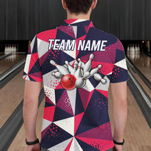 Load image into Gallery viewer, Back view of man wearing a geometric bowling tournament polo shirt inside a bowling alley.