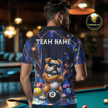 Load image into Gallery viewer, Man wearing personalized funny crystal bulldog 8 ball pool billiard team jersey polo shirt featuring crystal bulldog and 8 ball artwork, back view.