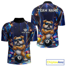 Load image into Gallery viewer, Personalized funny crystal bulldog 8 ball pool billiard team jersey quarter zip shirt for men featuring detailed crystal bulldog and 8 ball graphics, premium custom pool apparel.