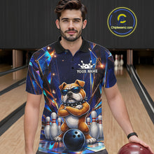 Load image into Gallery viewer, Man wearing personalized funny crystal bulldog bowling team jersey polo shirt featuring crystal bulldog artwork, front view.