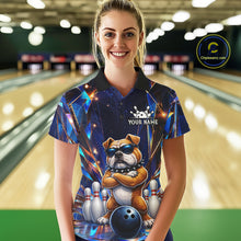 Load image into Gallery viewer, Woman wearing personalized funny crystal bulldog bowling team jersey polo shirt featuring crystal bulldog artwork, front view.