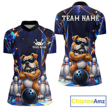 Load image into Gallery viewer, Personalized funny crystal bulldog bowling team jersey quarter zip shirt for women featuring detailed crystal bulldog artwork, premium custom bowling league apparel.
