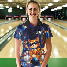 Load image into Gallery viewer, Woman wearing personalized funny crystal cat bowling team jersey polo shirt featuring crystal cat artwork, front view.