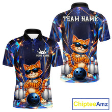 Load image into Gallery viewer, Personalized funny crystal cat bowling team jersey polo shirt for men featuring sparkling crystal cat artwork, premium custom bowling league apparel and unique bowling gifts for tournaments and league play.