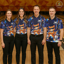Load image into Gallery viewer, Bowling team wearing matching personalized funny crystal cat bowling team jerseys featuring premium crystal cat graphics, front view.