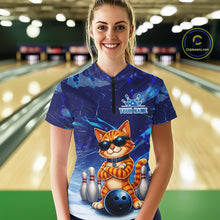 Load image into Gallery viewer, Woman wearing personalized blue funny cat bowling team jersey polo shirt featuring blue funny cat artwork, back view.