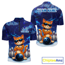 Load image into Gallery viewer, Personalized blue funny cat bowling team jersey quarter zip shirt for men featuring vibrant blue cat artwork, premium custom bowling league apparel for competitive bowling teams.